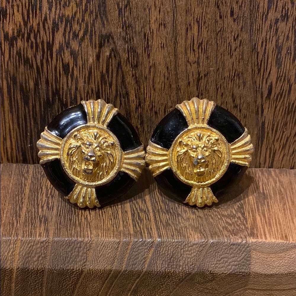 Gold and Black enamel Lion Medallion clip on Earrings unmarked 1.5”